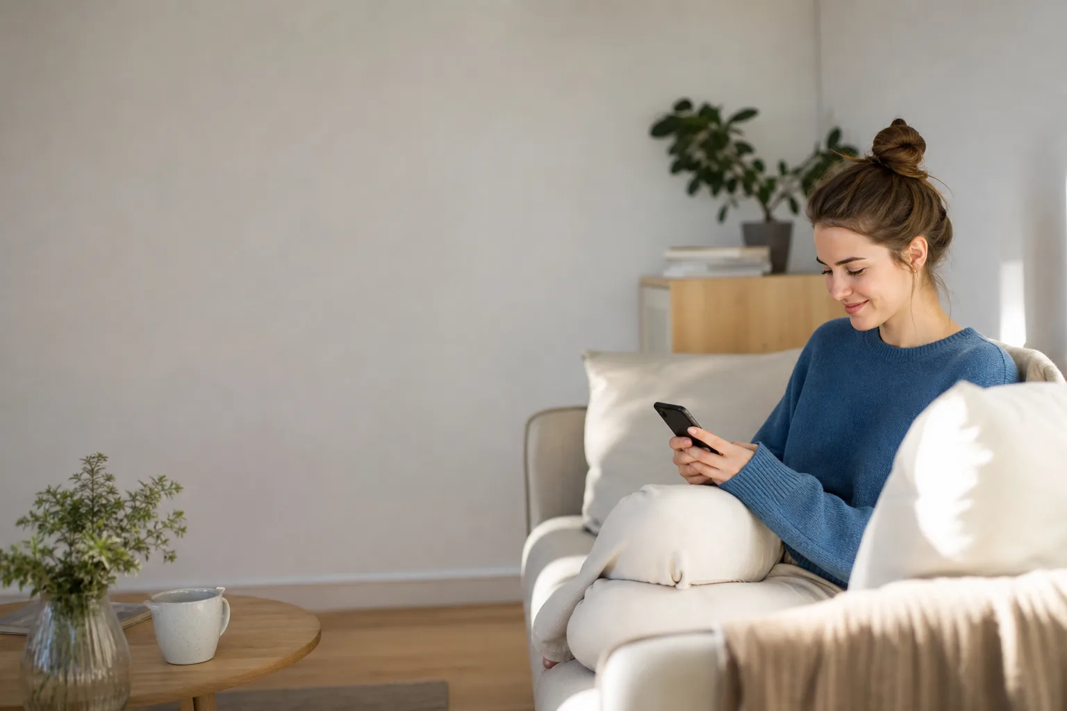 Person nöjd efter att ha bytt till ett billigare mobilabonnemang
