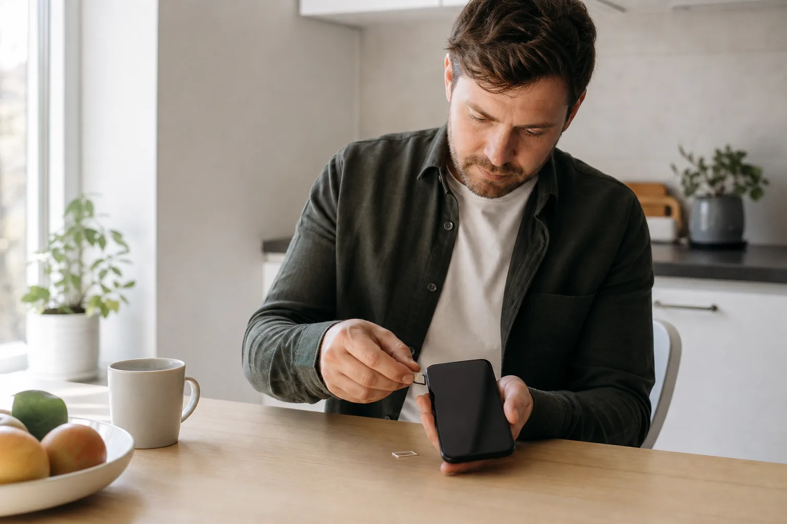 Person byter mobilabonnemang och sätter i ett nytt SIM-kort