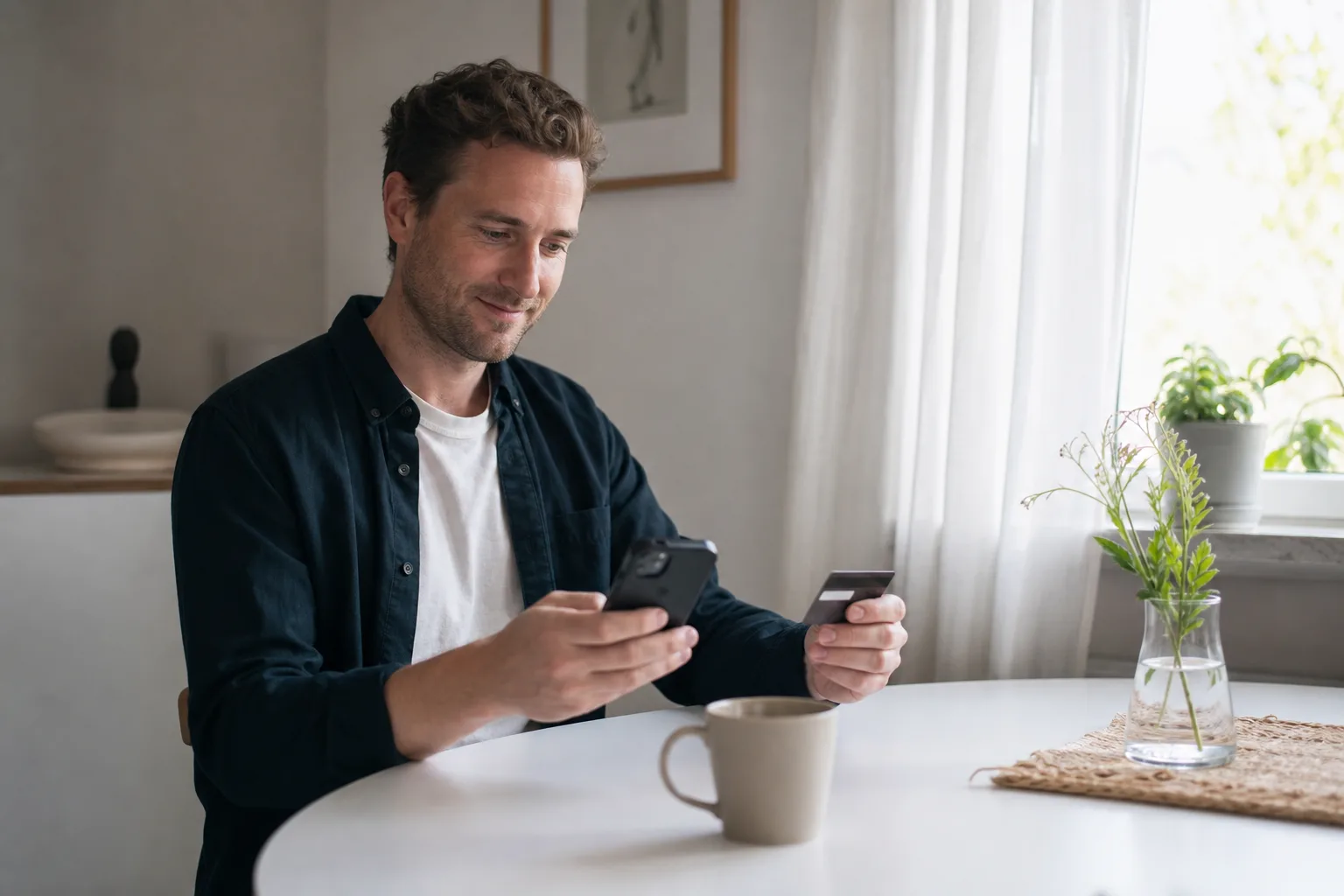 Person sitter vid köksbordet och betalar mobilabonnemanget med kort i mobilen
