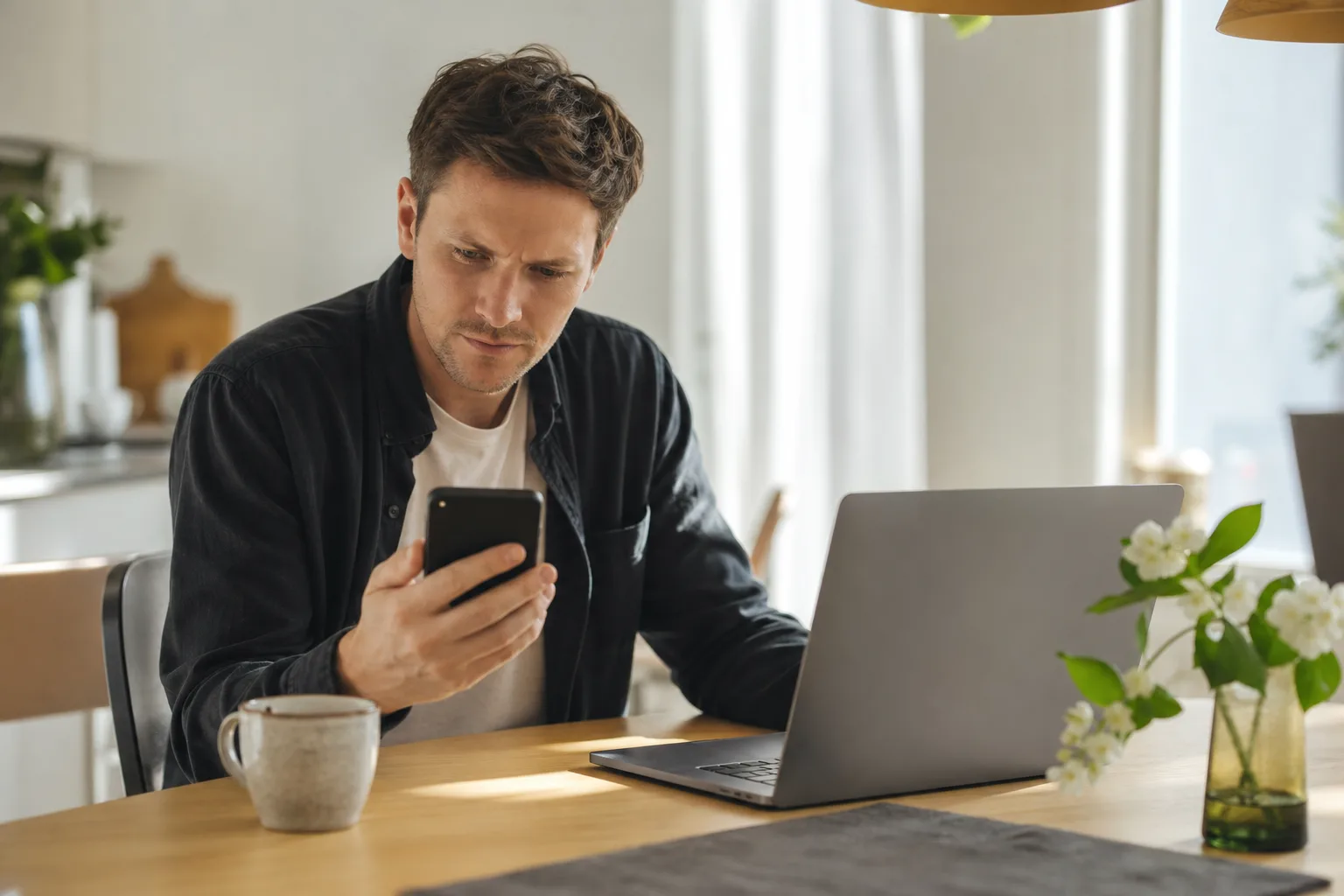 Person läser om att byta mobilabonnemang i mobilen vid köksbordet