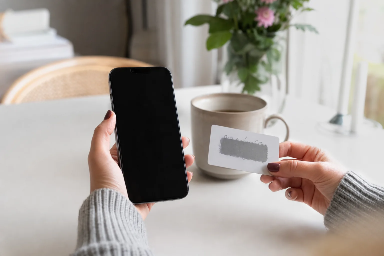 Person hemma vid köksbordet som byter från kontantkort till mobilabonnemang i mobilen