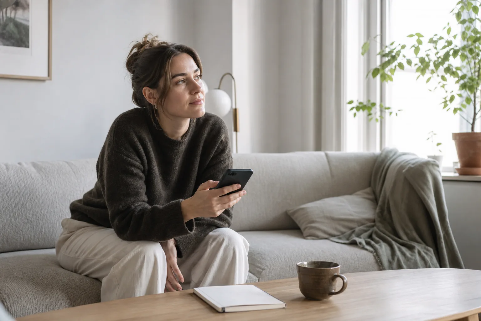 Person i soffan med mobil och kalender som funderar på att byta abonnemang mitt i bindningstiden
