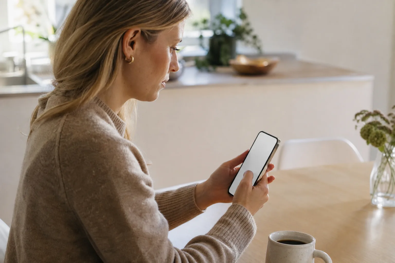 Person sitter vid köksbordet med mobilen och loggar in på operatörens app för att säga upp sitt mobilabonnemang
