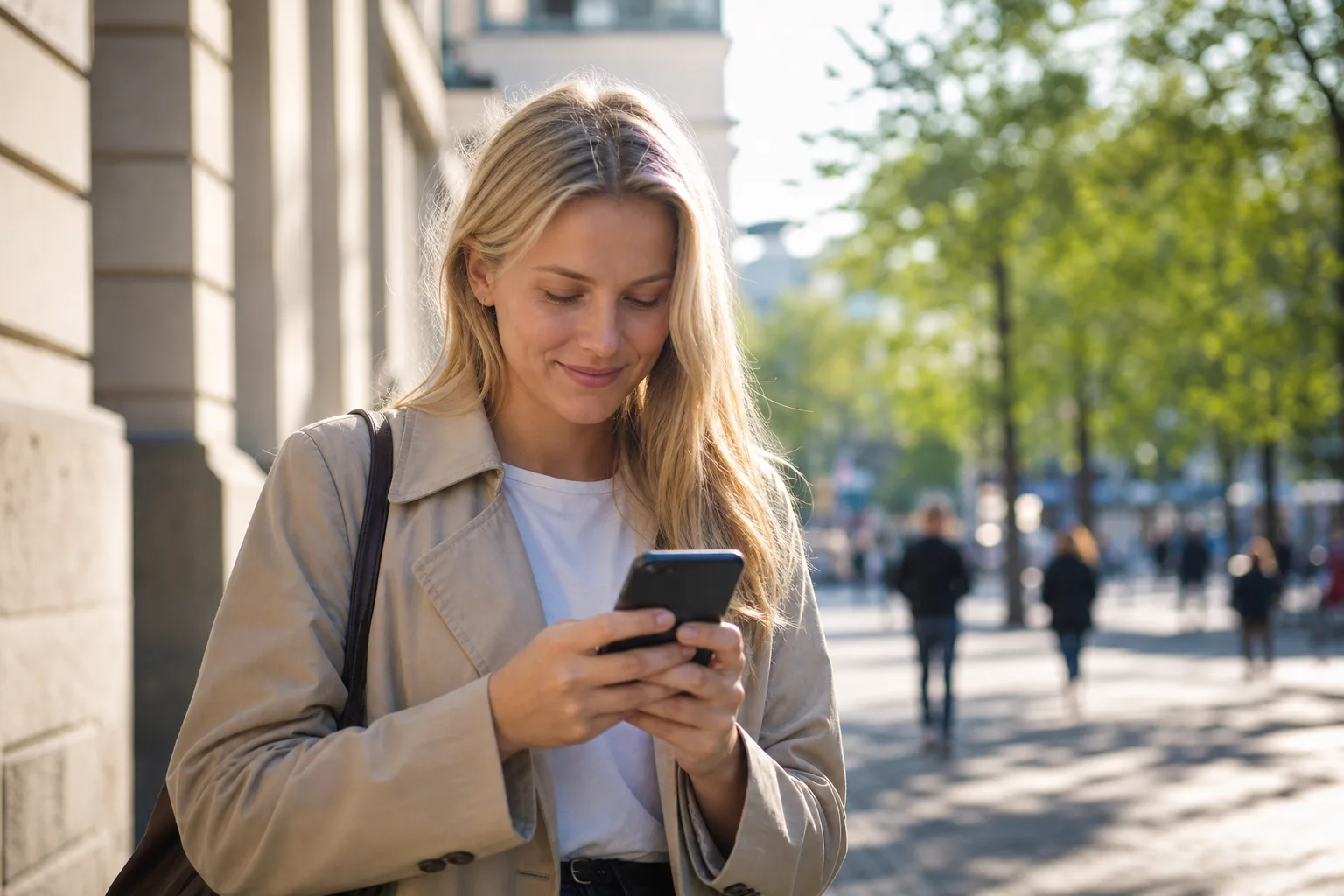 Ung person står i en svensk stadsmiljö och streamar smidigt på mobilen tack vare snabbt 5G