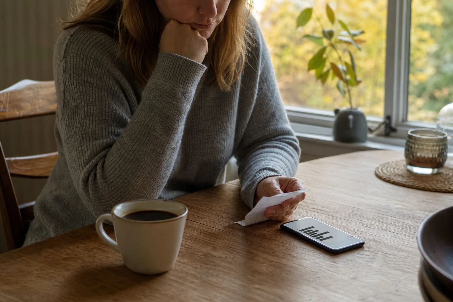 Person räknar på mobilkostnaden vid köksbordet en morgon