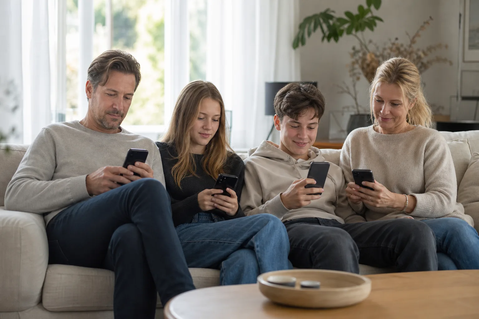 Svensk familj som sitter i soffan och tittar på sina mobiler tillsammans