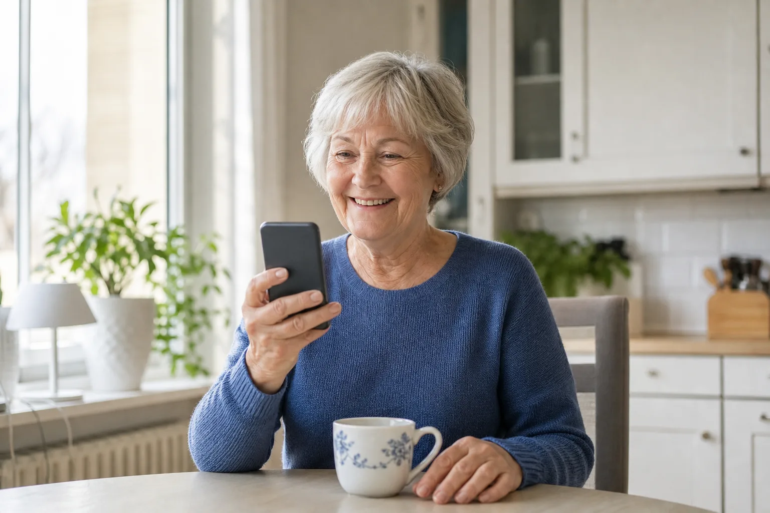 Äldre person som tittar nöjt på sin mobil vid köksbordet hemma