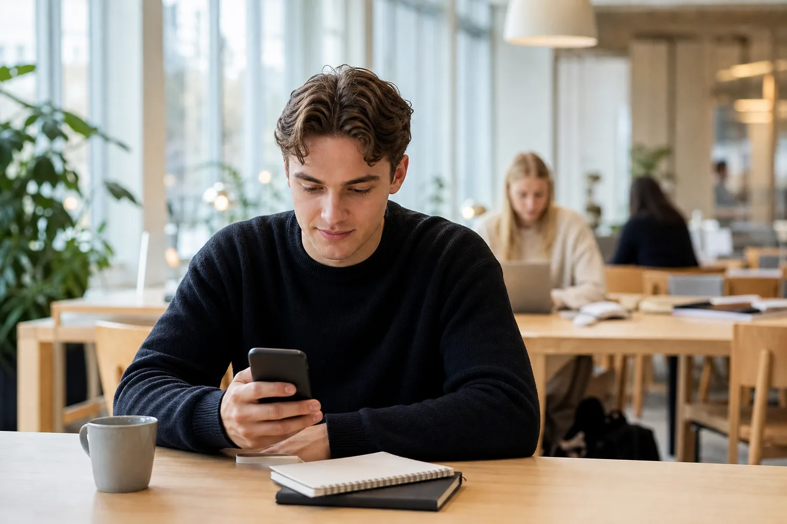 Student som jämför mobilabonnemang på sin mobil i ett ljust bibliotek