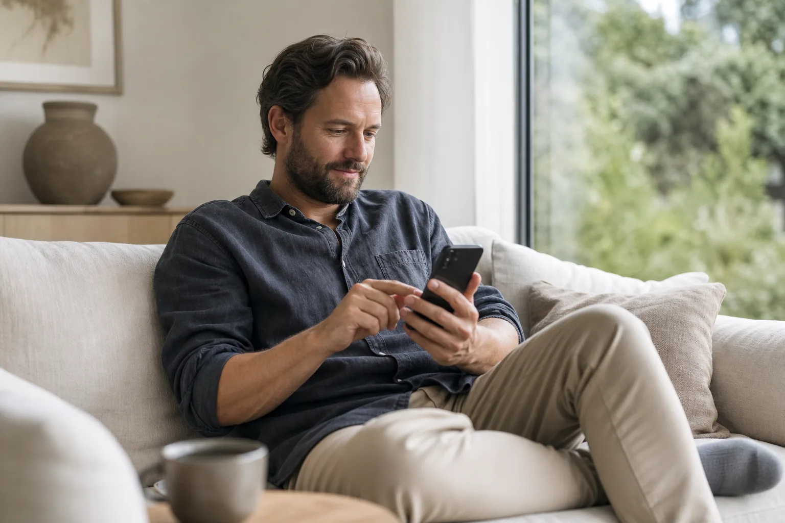 Person byter enkelt mobilabonnemang i soffan med mobilen i handen, utan att vara bunden av något avtal