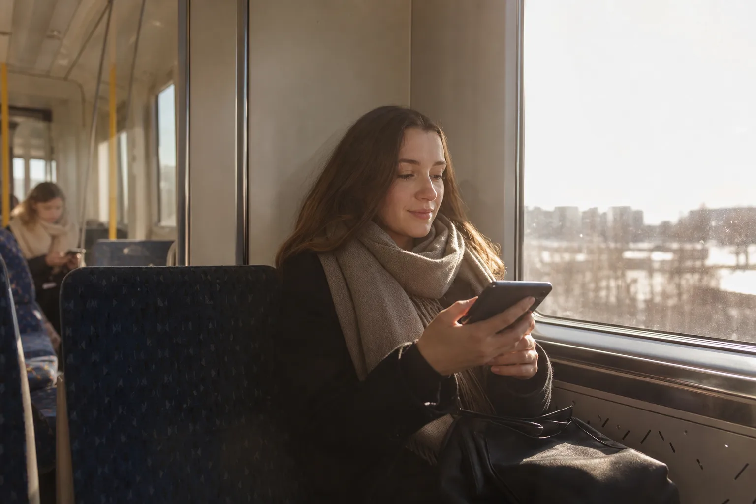 Person surfar fritt i mobilen på pendeltåget med Tres nät i bakgrunden