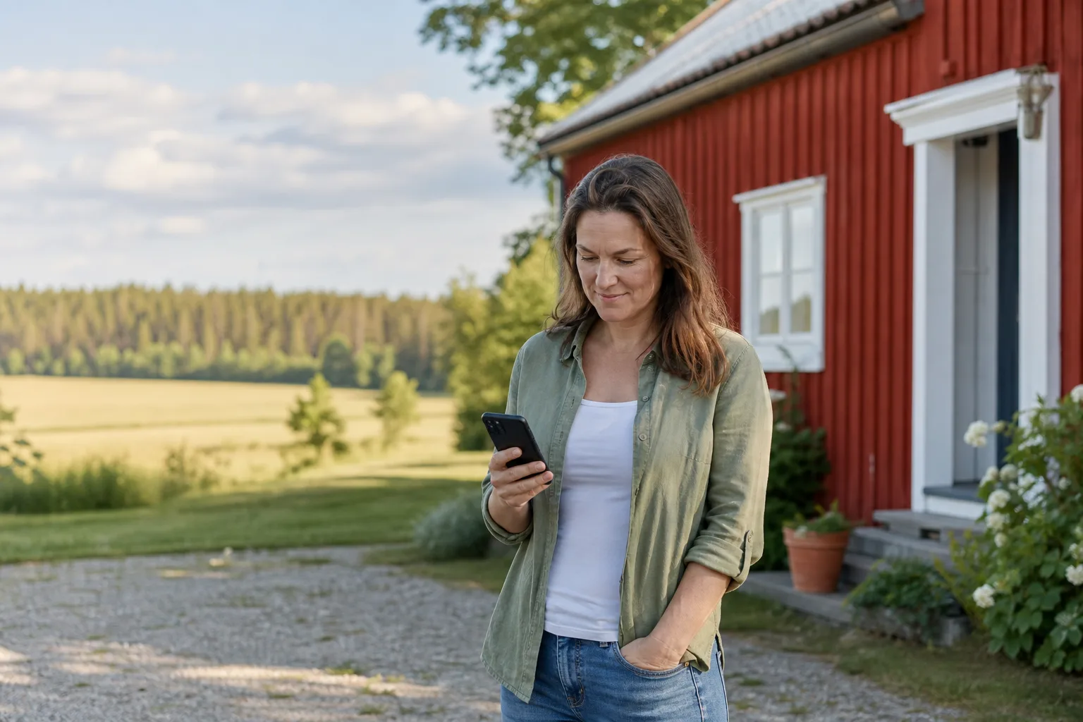 Kvinna med mobil utanför ett rött hus på landet med bra mobiltäckning