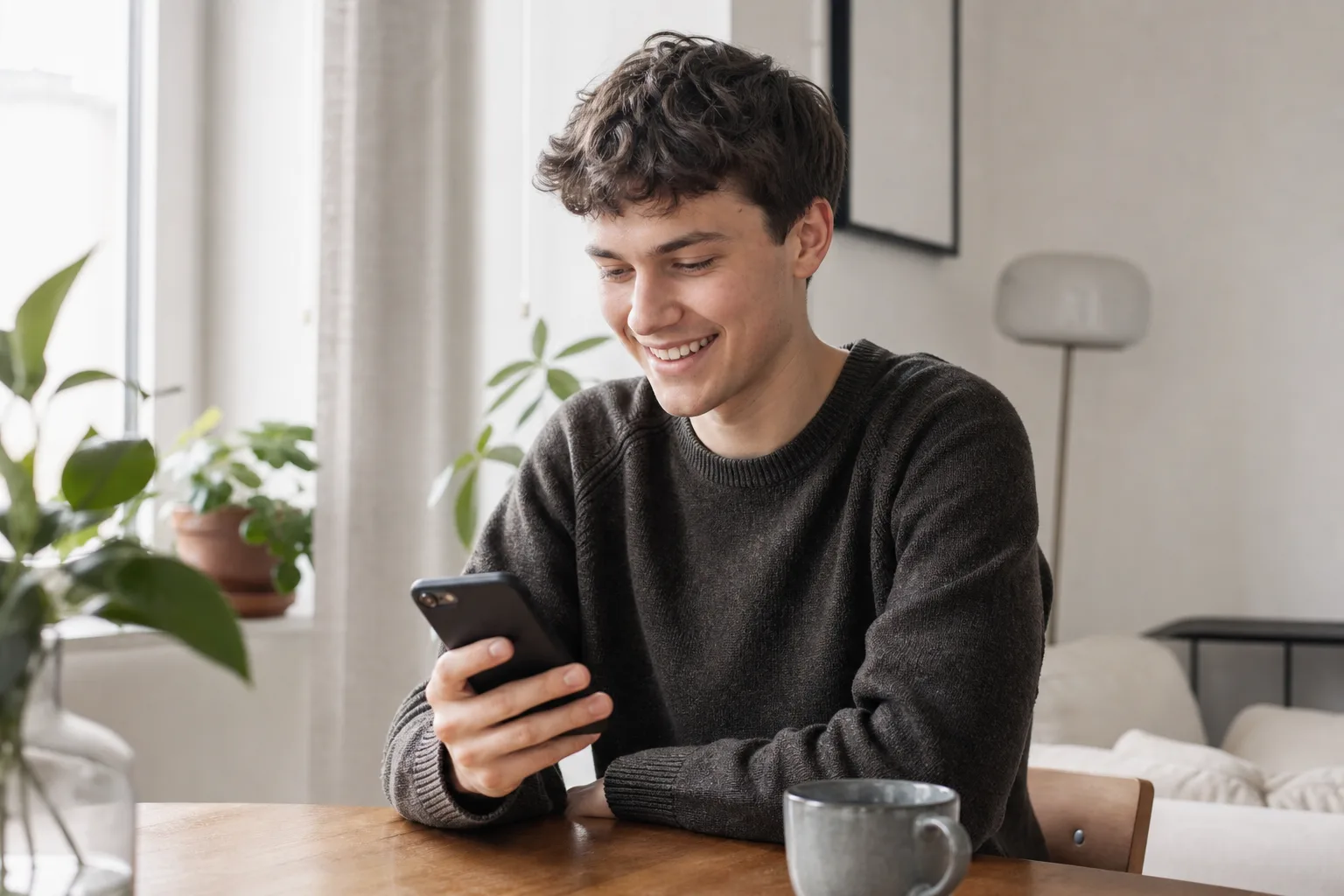 Ung person i svensk vardag som använder mobilen med ett abonnemang i Tres nät