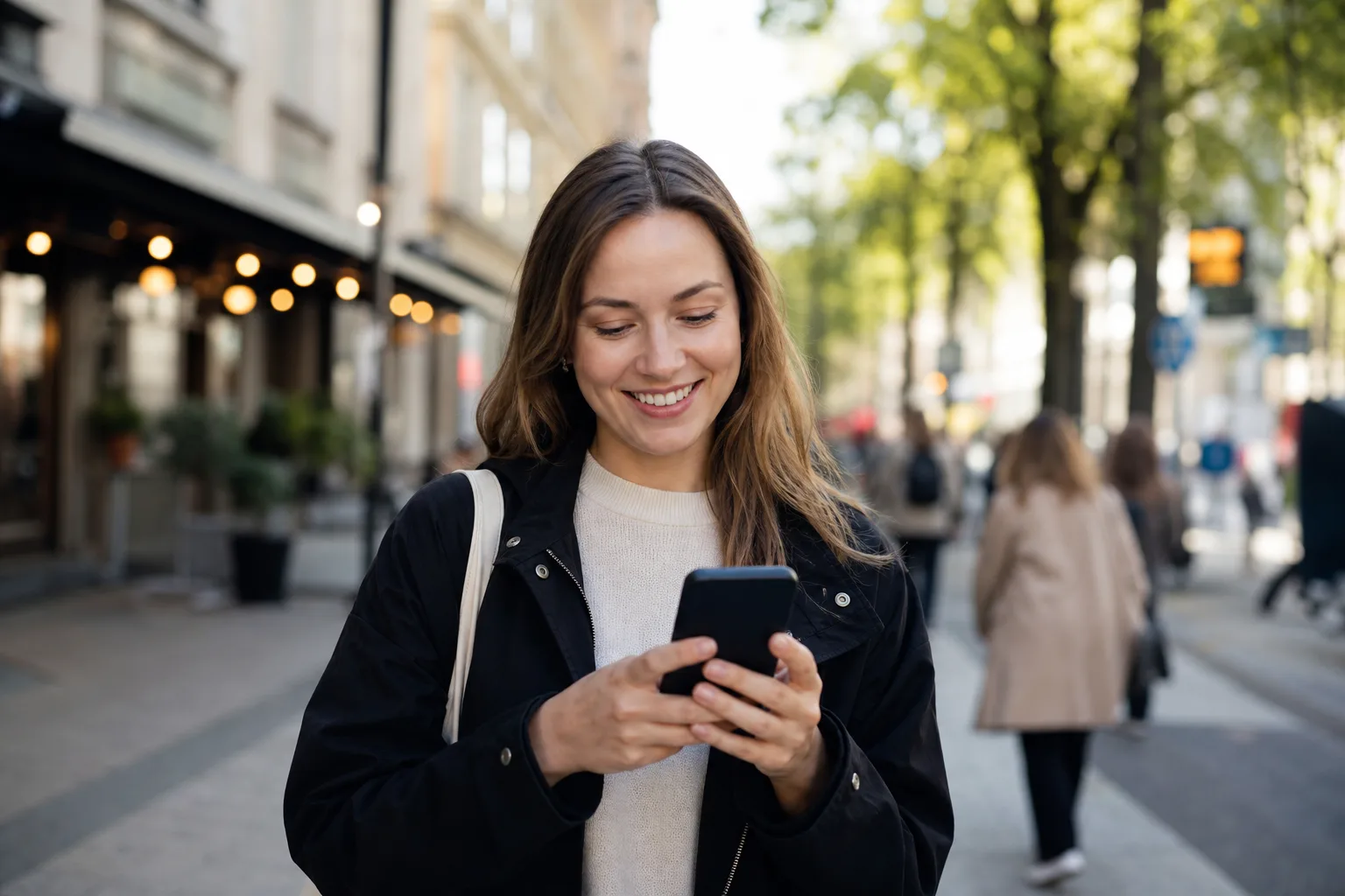 Person i svensk stadsmiljö som använder mobilen för att byta till Tele2 mobilabonnemang
