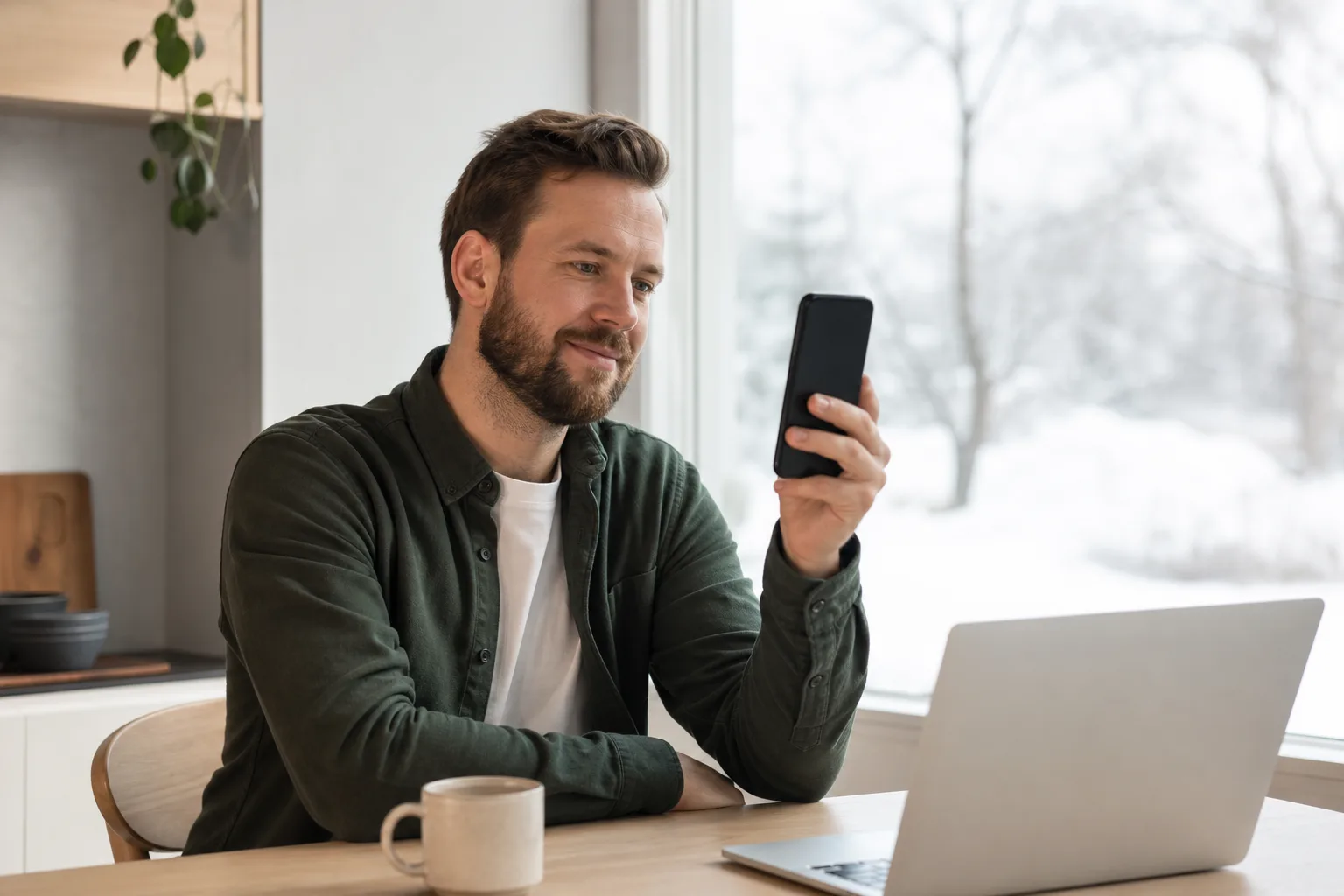 Person som byter till Telenor mobilabonnemang och aktiverar eSIM i mobilen hemma