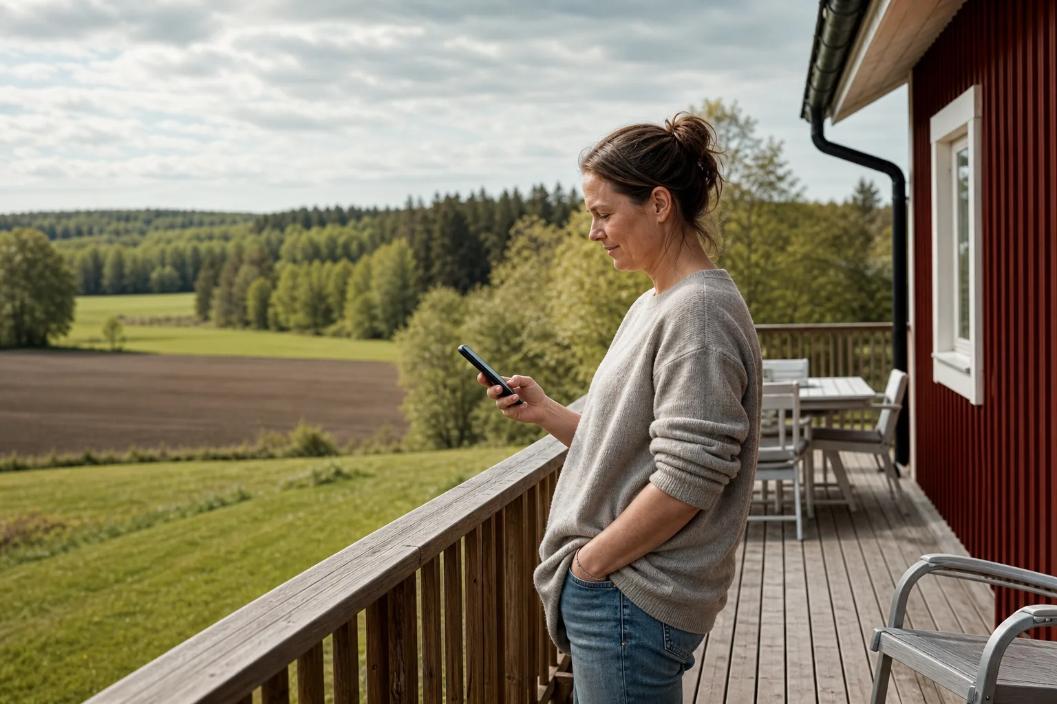 Person med god mobiltäckning på en gård på den svenska landsbygden – byta till Telias mobilabonnemang