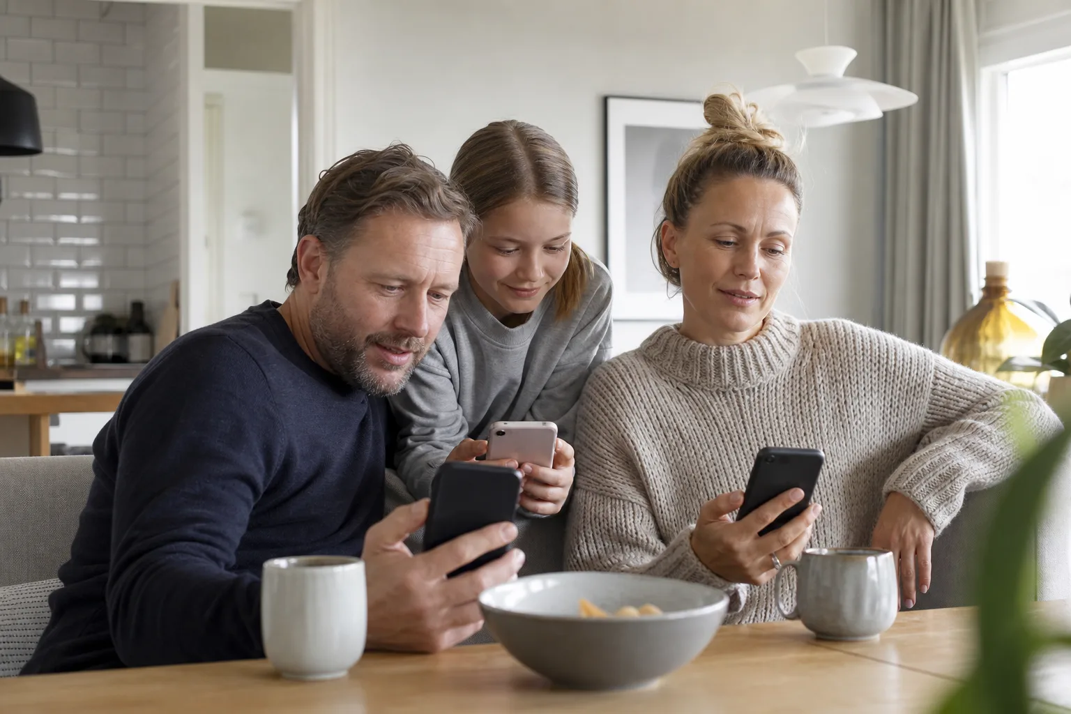 Familj som använder var sin mobil tillsammans hemma – byta till Tre familjeabonnemang