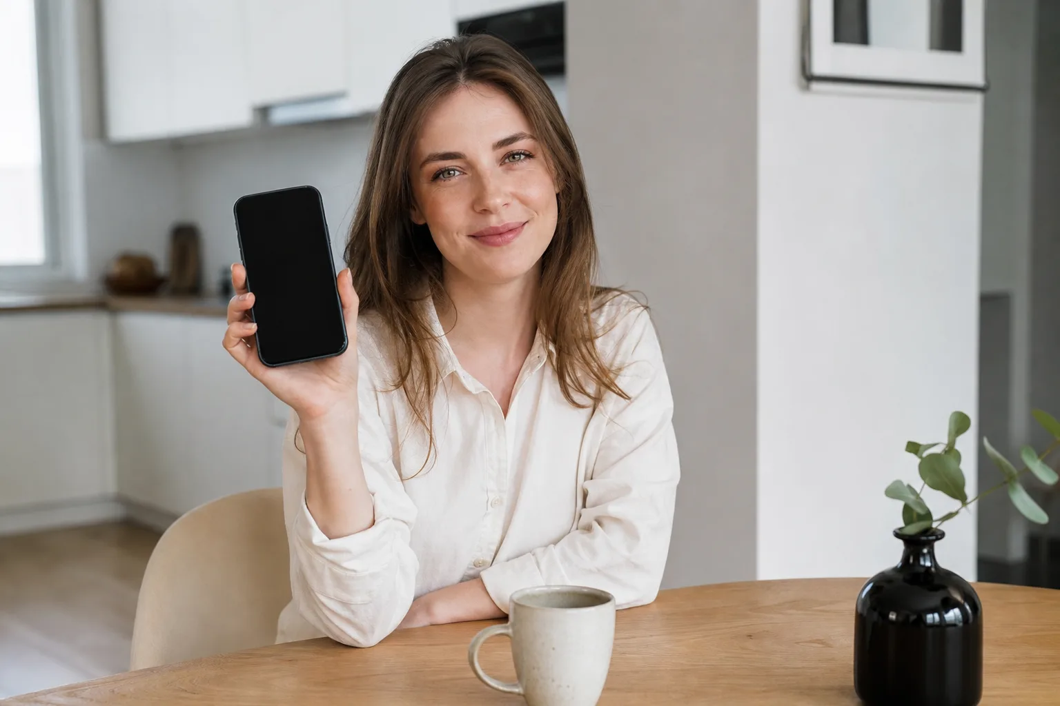 Nöjd person sköter sitt Vimla-mobilabonnemang i mobilen hemma